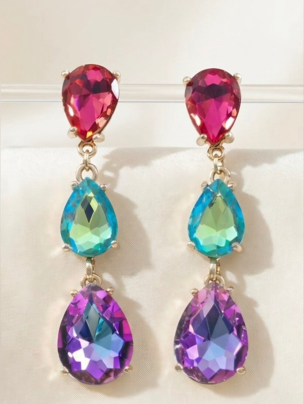 Multicolor Teardrop Crystal Drop Earrings - Vibrant Pink, Blue & Purple